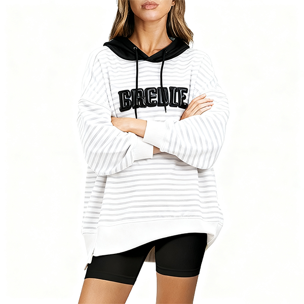 Striped White & Gray Hoodie with "Groove" Emblem