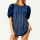 Navy Blue Vertical Striped Short-Sleeve Top with Puff Sleeves