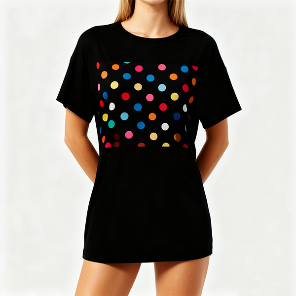 Black Oversized Short-Sleeve Tee with Colorful Polka Dot Print