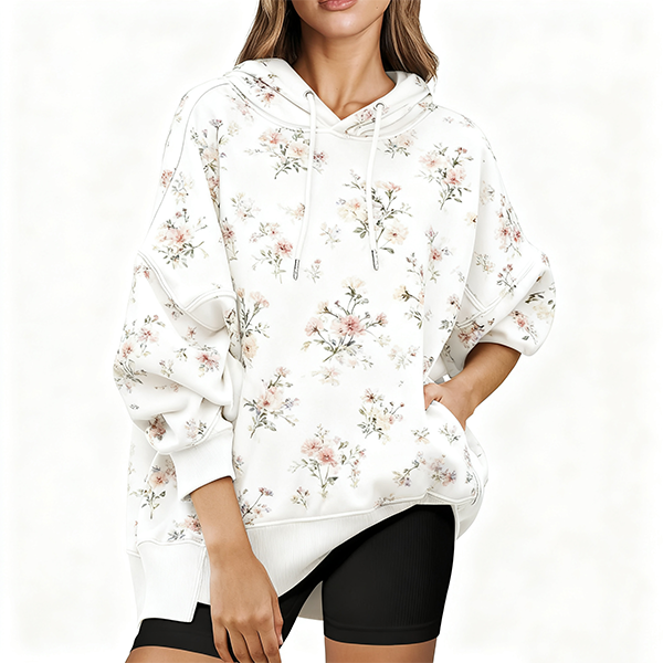 White Oversized Hoodie with Pastel Floral Print