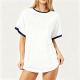 White Oversized Short-Sleeve Tee with Navy Ringer Neck & Cuffs
