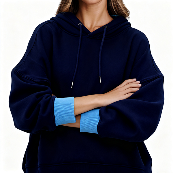 Navy Blue Oversized Hoodie with Light Blue Contrast Cuffs