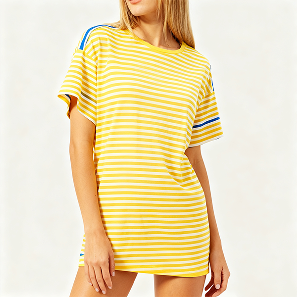 Yellow & White Striped Oversized Short-Sleeve Tee with Blue Trim