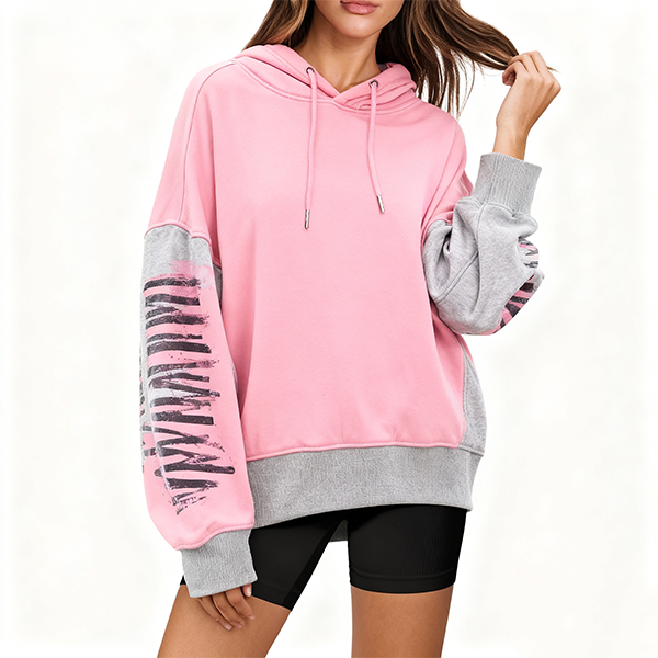 Pink Oversized Hoodie with Grey Graphic Sleeves
