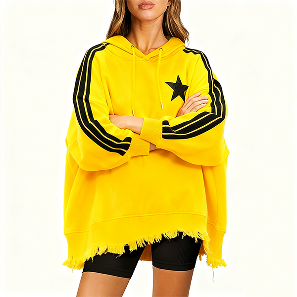 Bright Yellow Hoodie with Black Stripes & Star Emblem