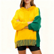 Yellow & Green Color-Block Hoodie with Fringe Hem