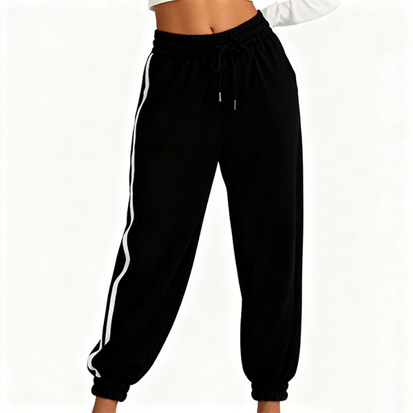 Black Side-Stripe Drawstring Jogger Pants
